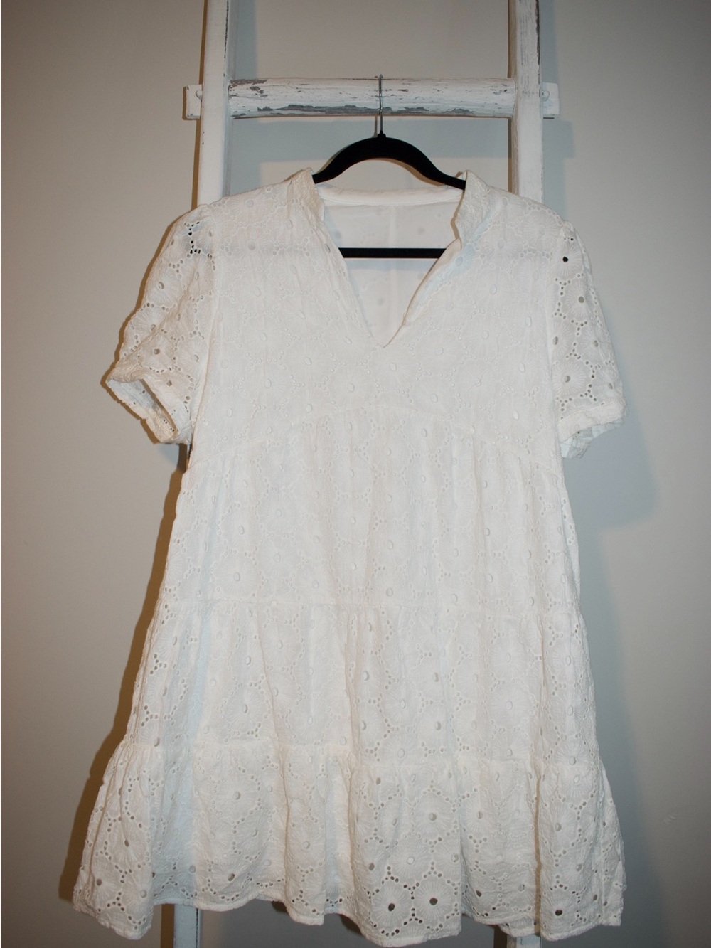 White Eyelet Short Sleeve Tiered Dress